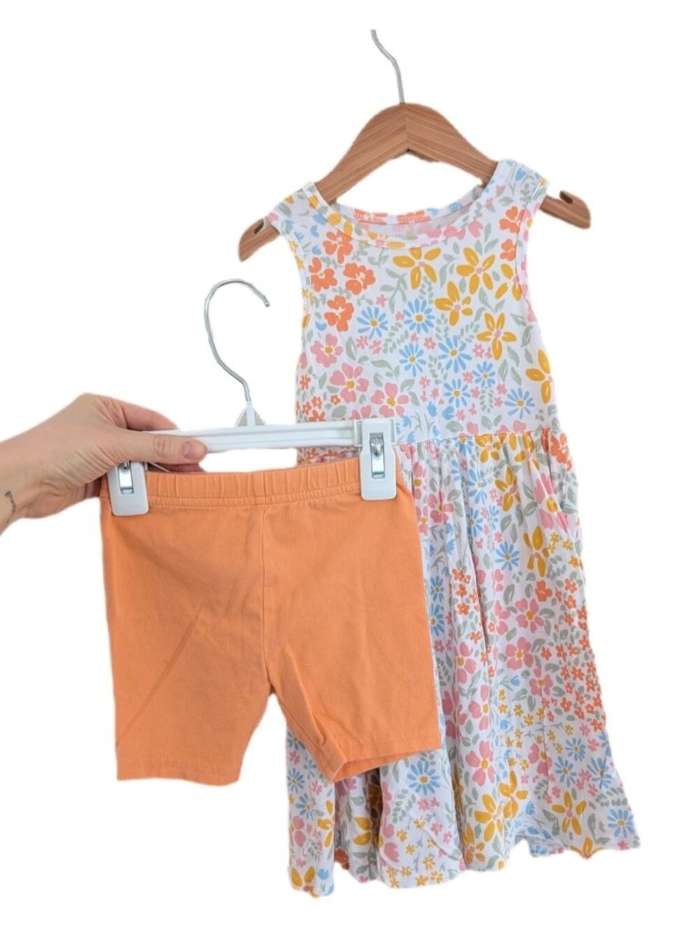Posh‎ Peanut Bamboo Floral Tank Dress 3T & George Orange Biker Shorts 2T